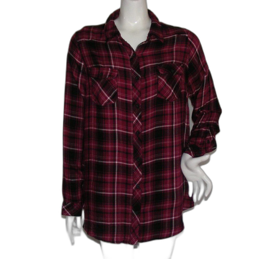 TORRID Plaid Shirt, 0/L, Berry/Black, Pockets, Long sleeve, Button front, Rayon